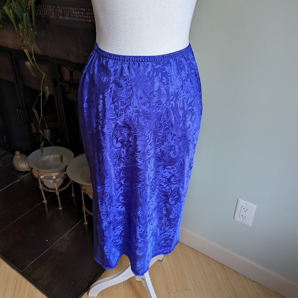 Vtg 90s Small Slip Skirt Lace Trim Purple Baroque Leaf Paisley Pattern 173